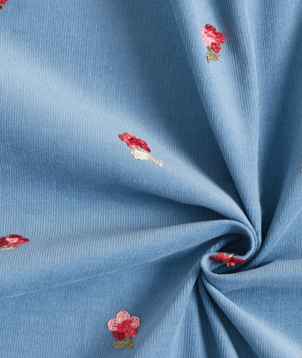 Velours milleraies motif brodé petites fleurs – bleu acier